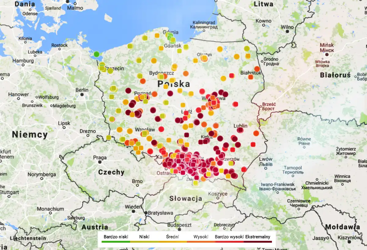 Mapa smogowa Polski z 2018 roku