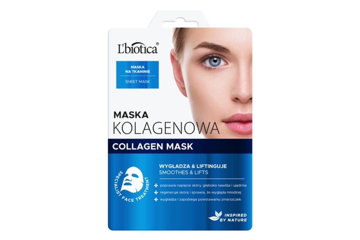 Zdjęcie przedstawia maseczkę L’biotica Collagen kolagenowa maska na tkaninie do twarzy