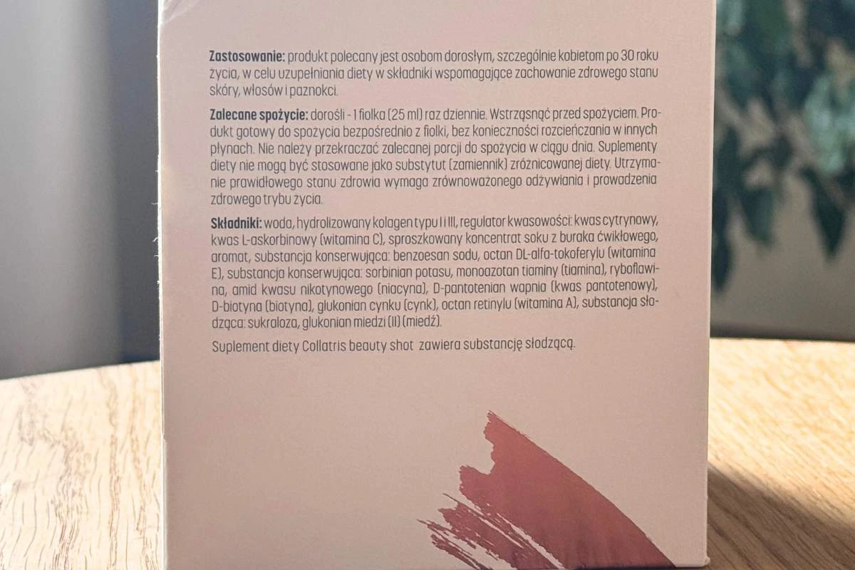 Informacje na opakowaniu kolagenu do picia Collatris Beauty Shot