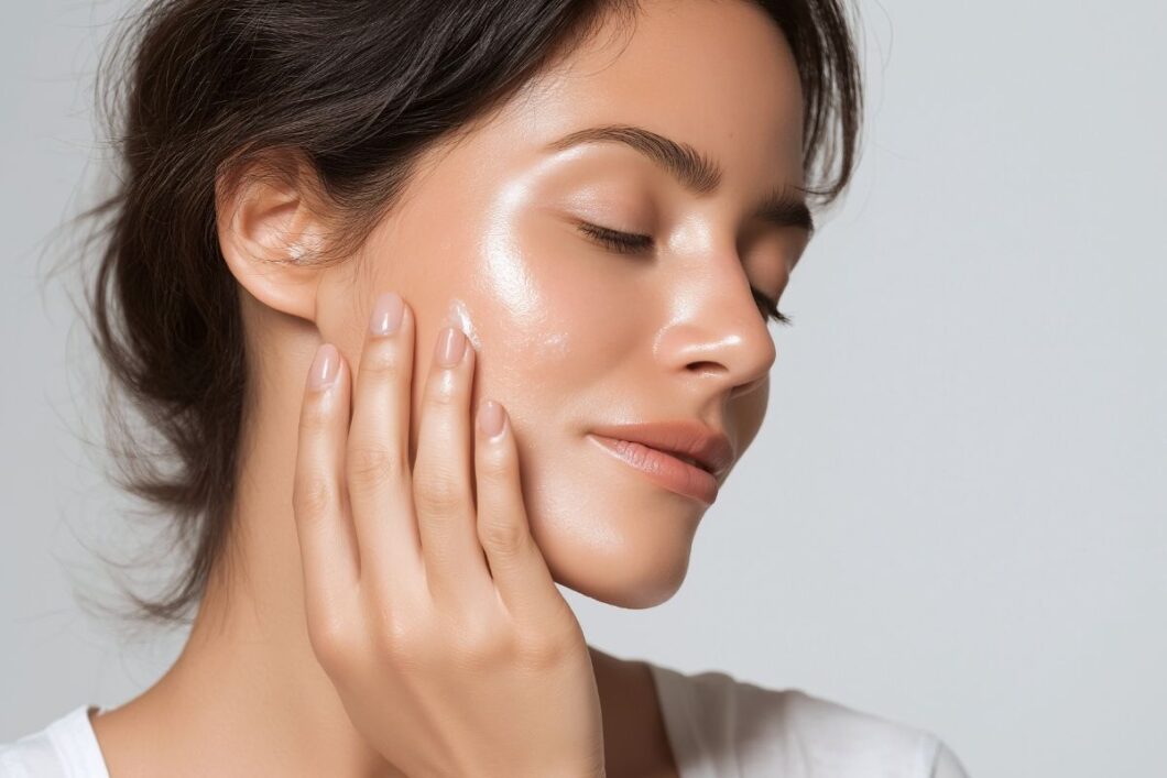 Kobieta podziwia nawilżoną skórę po tym, jak użyła serum