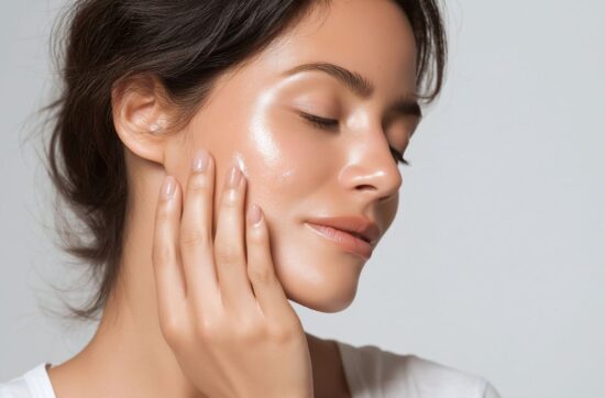 Kobieta podziwia nawilżoną skórę po tym, jak użyła serum