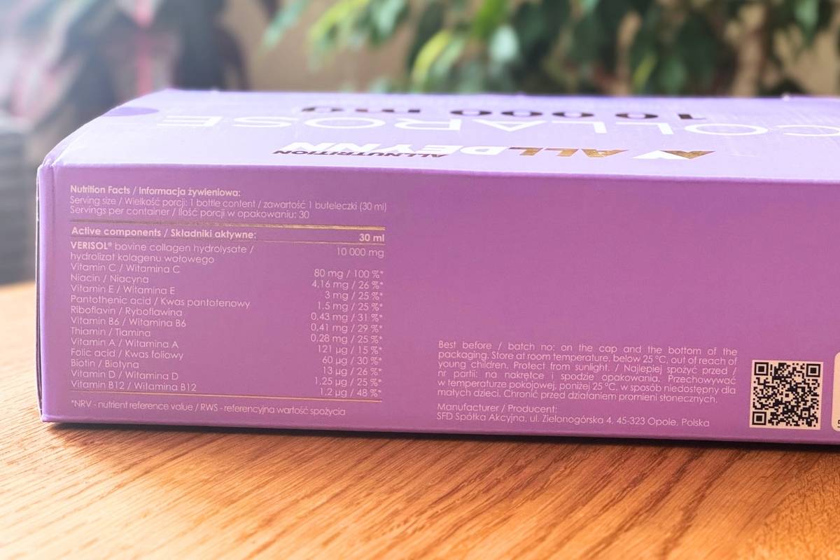 Tabela ze składem na opakowaniu shotów Collarose 10000 mg