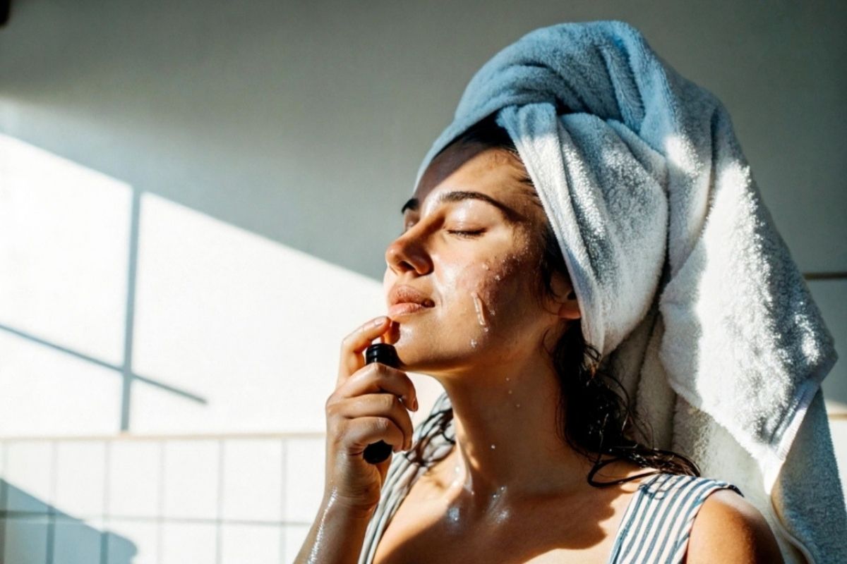 Zdjęcie przedstawia kobietę, która aplikuje serum do twarzy