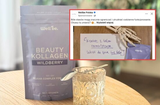 Zdjęcie suplementu diety WellBe Kolagen w salonie, ze szklanką wody. Zawiera dodatkowy element graficzny: screenshot reklamy kolagenu na Facebooku