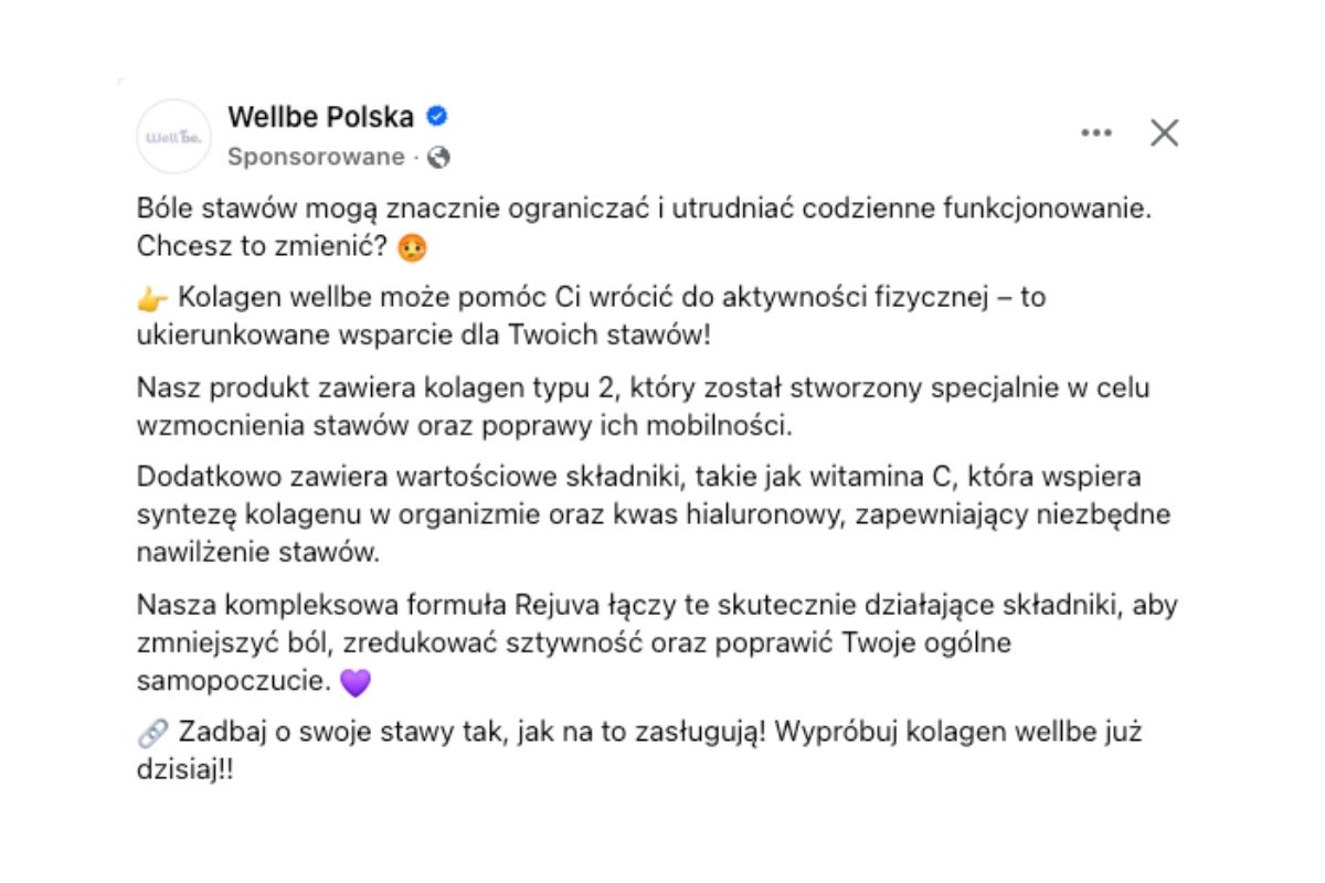 Screenshot reklamy Wellbe Polska na Facebooku
