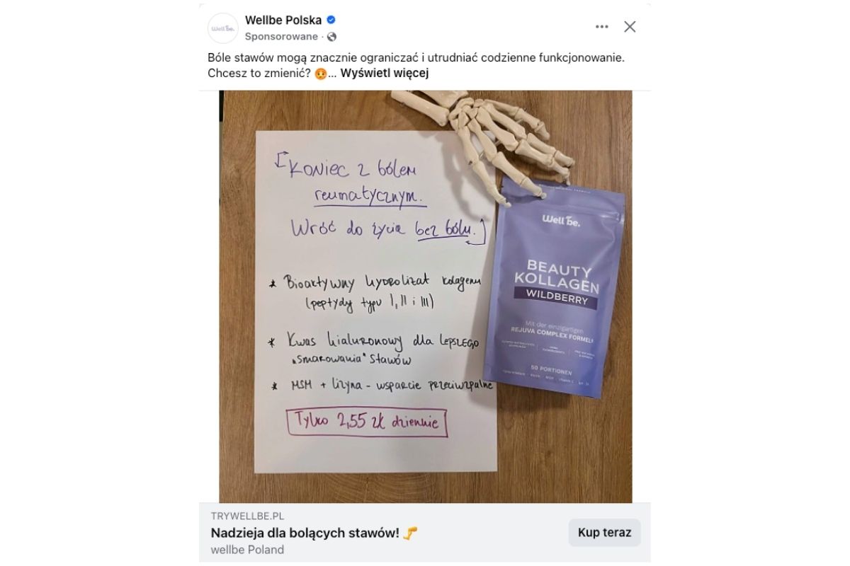 Screen reklamy Wellbe Beauty Kollagen na Facebooku
